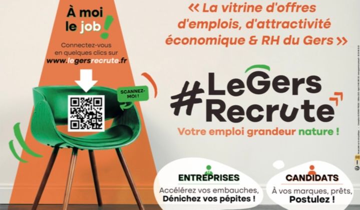 Une publicité pour Le Gers Recrute, avec possibilités pour entreprises qui embauchent et candidats qui postulent